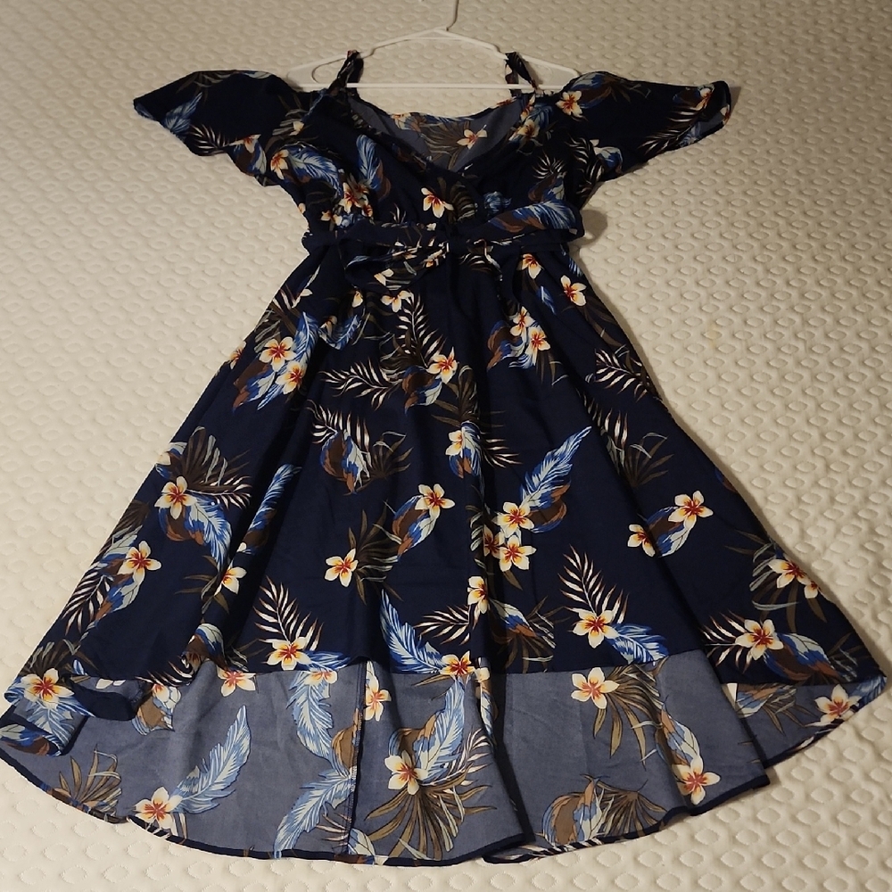 Blue Ruffled High-Low Sundress with Cold Shoulder and Flutter Sleeves